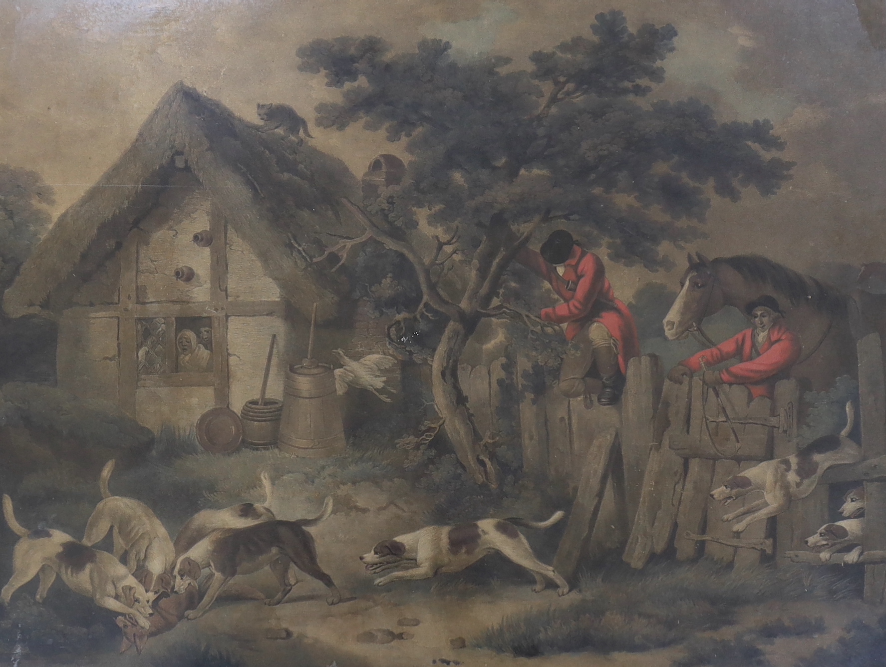 A set of three 19th century, hand coloured stipple engravings, huntsmen and hounds, 49 x 63cm